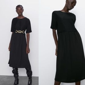 NWT Zara Black Semi-Sheer Top Midi Dress - Size Medium